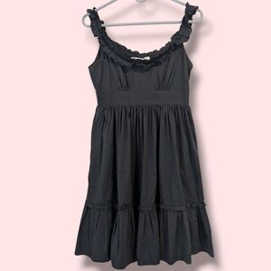 Maggy London Black Poplin Ruffle Tiered Sleeveless Flowy Babydoll Mini Dress LBD